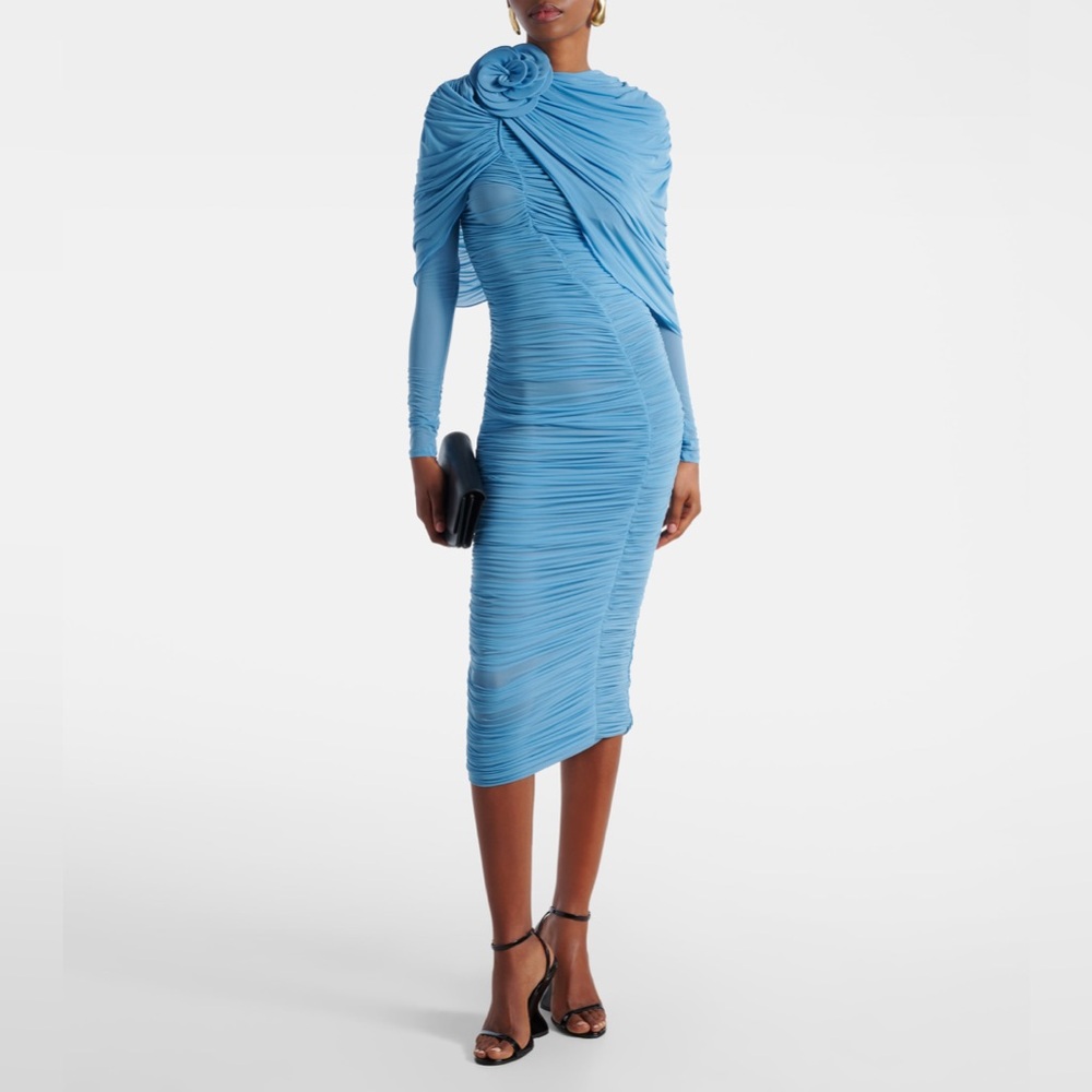 MAGDA BUTRYM Floral-appliqué ruched caped midi dress